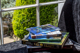 Lovely image of books on window of Mount Pleasant Hotel in Sidmouth